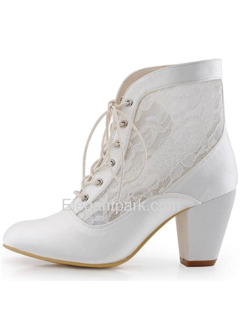Elegantpark Women Ankle Boots White Ivory Chuck Heel Lace Up Round Toe
