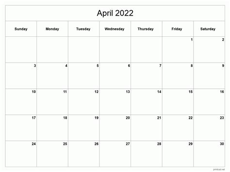 Printable April 2022 Calendar Template 2 Full Page Blank Grid