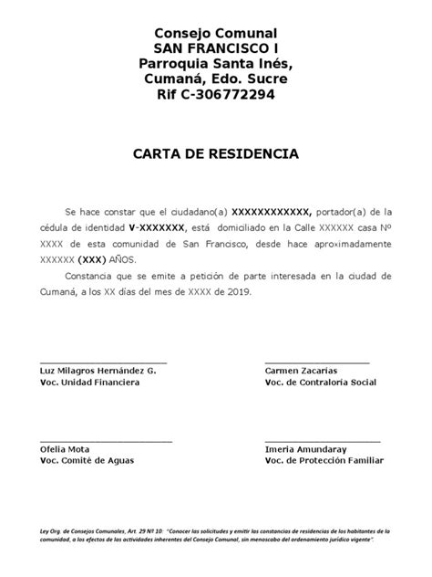 Formato Carta De Residencia Pdf