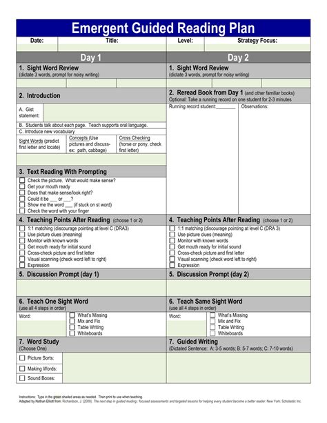 Guided Reading Planning Template