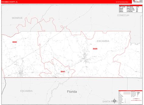 Escambia County, AL Zip Code Wall Map Red Line Style by MarketMAPS