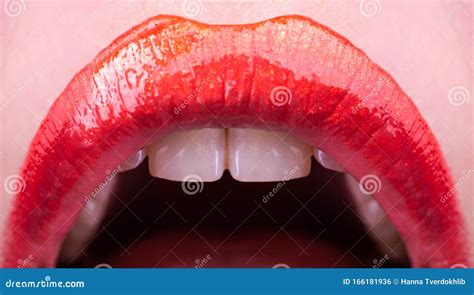 Lips With Teeth Beautiful Female Open Mouth Luxury Red Lipstick For Holiday Woman Sign Stock