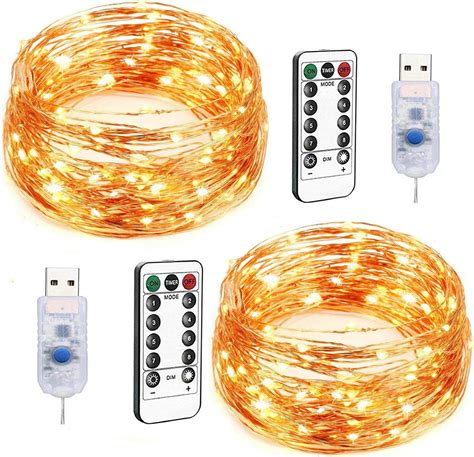Led String Lights 2 Pack 100 Led Usb Plug In Fairy Lights 33ft 8 Modes Dimmable Silver Wire