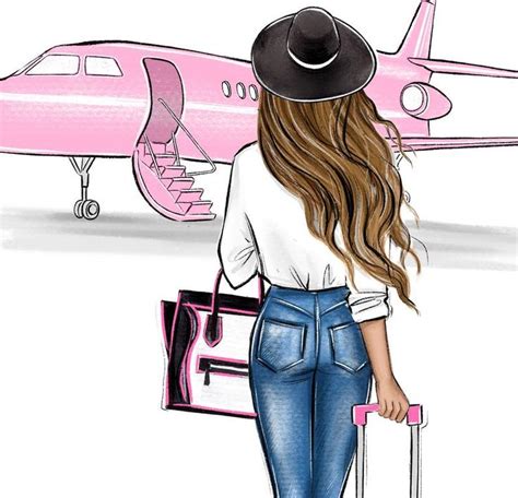 Pink Fashion Illustration Travel Girl Art Airplane Art Print Girly