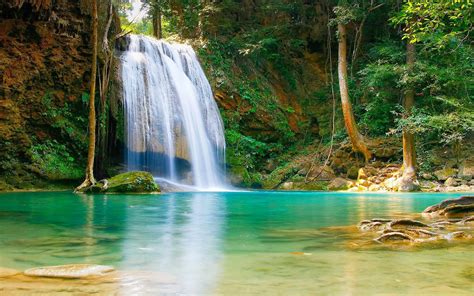 Nature Falls Pool With Turquoise Green Water Rock Coast Trees Hd ...