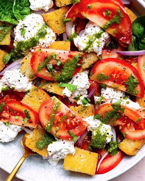 Panzanella Burrata Salad With Pesto Vinaigrette Recipe The Feedfeed