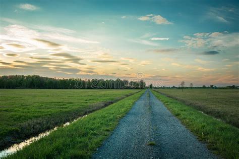 A Gravel Road Through Meadows And A Forest On The Horizon Stock Photo