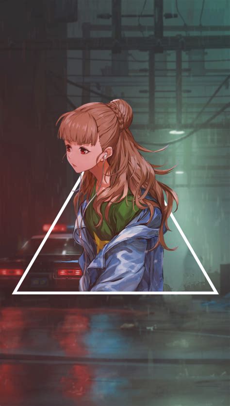 Wallpaper Anime Girl Earphones Raining Triangle Red Eyes Brown