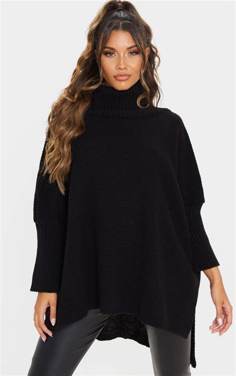 Black Oversized Slouchy Knitted Jumper Prettylittlething Usa