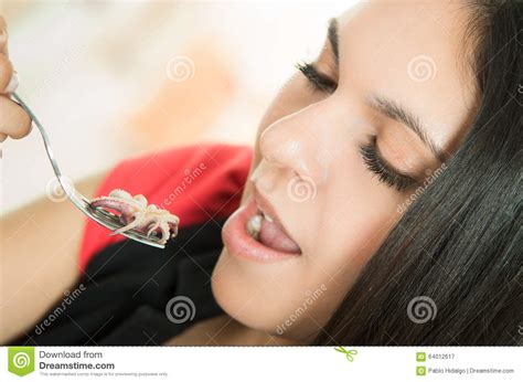 Beautiful Girl Eating Fresh Delicious Calamari Stock Image Image Of