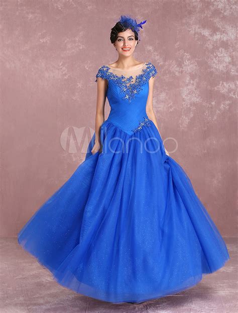 princess wedding dresses royal blue tulle bridal gown illusion neck lace applique beading floor