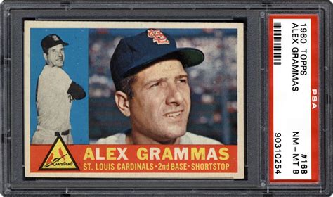 There's a black and white image of the player set against a red backdrop on the left. 1960 Topps Alex Grammas | PSA CardFacts™