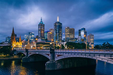 Melbourne Skyline At Night From Southbank Stock Photo Download Image