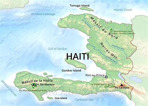 Es un país de américa con una superfice de 27.750 km2 y una población de 9.996.750 habitantes. Haiti Physical Map