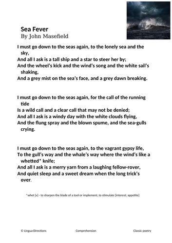 Classic Poem Comprehension Sea Fever John Masefield With Answers Teaching Resources