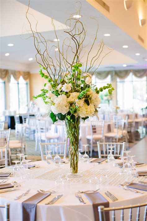 Tall Reception Centerpiece With Greenery Hydrangeas And Twigs Kmd Creations Photography