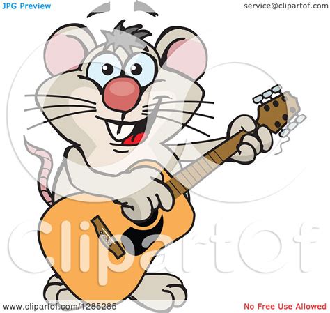 Clipart Of A Cartoon Happy Mouse Playing An Acoustic Guitar Royalty
