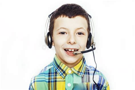 Little Cute Caucasian Boy In Headphones Posing Happy Smiling Isolated