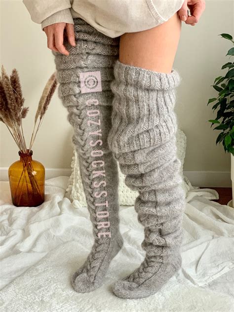 Fuzzy Thigh High Socks Knitted Stockings Plus Size Wool Knee Etsy