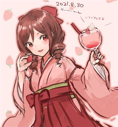 Safebooru 1girl Bow Brown Hair Commentary Request Cup Dated Drill Hair Drink Food Fruit Hair