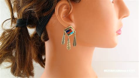 Southwest Sterling Silver Multi Color Gemstone Inlay Earrings Dangle