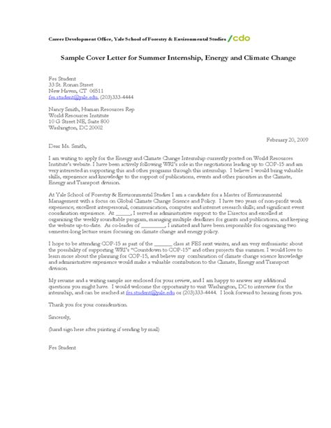 Sample Cover Letter For Summer Internship Energy And Climate Change