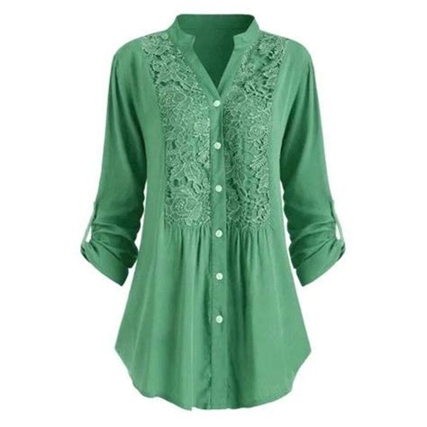Womens Henley V Neck Floral Lace Crochet Blouse Tops Roll Up Sleeve