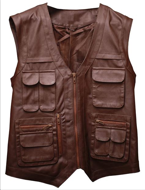 Leather Clothing And Accessories Multi Pocket Brown Leather Military Vest