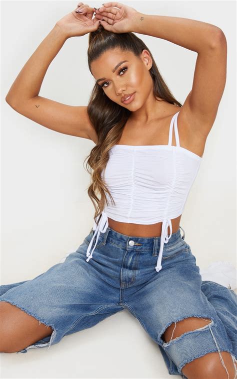 White Ruched Detail Strappy Crop Top Tops Prettylittlething
