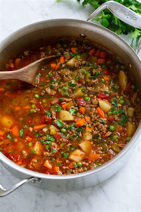 A comforting richly seasoned beef broth is ladled over rice noodles and thinly sliced beef. Hamburger Soup - Cooking Classy