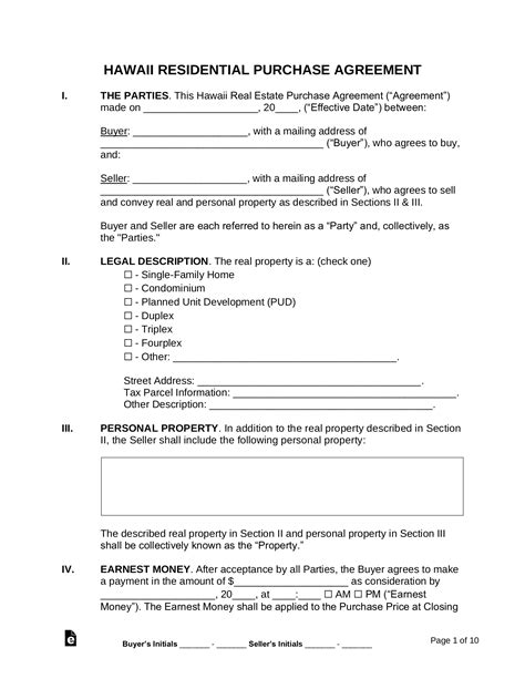 Free Hawaii Residential Purchase And Sale Agreement Pdf Word Eforms