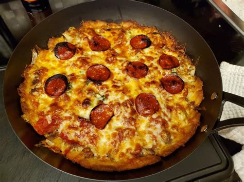 Pan Pizza With Carbquik Crust Rolled And Slapped Dough Into Well Piled