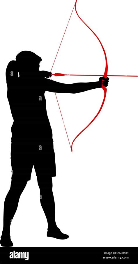 Silhouette Attractive Female Archer Bending A Bow And Aiming In The