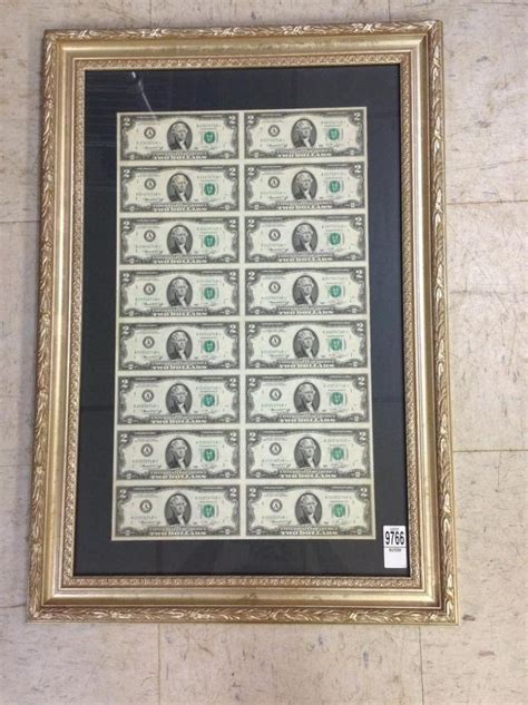 Uncut 2 Bill Sheet Framed 8 Two Dollar Bills As Pictured