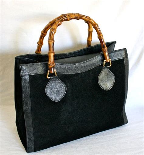Gucci Vintage Handbag Bamboo Black Suede Leather Large