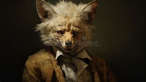 Hyperrealistic Fantasy Portrait Of A Black Painted Fox In A Suit Stock