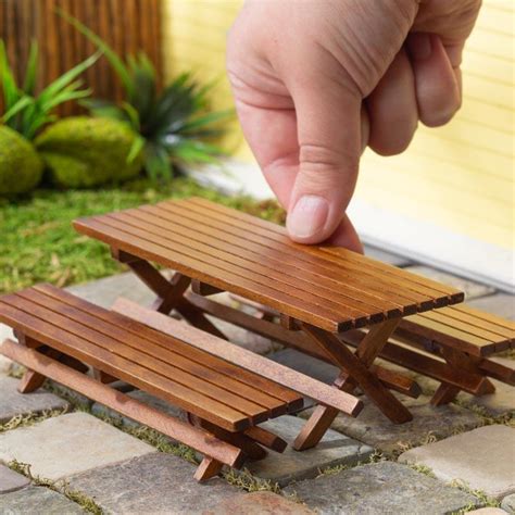 Miniature Wood Picnic Table And Bench Set Dollhouse Miniatures Doll