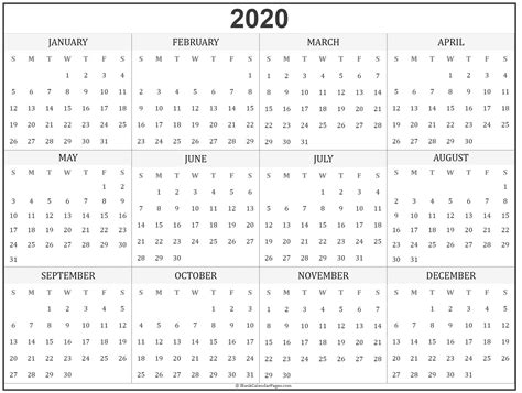 2020 Yearly Calendar Printable Printable World Holiday