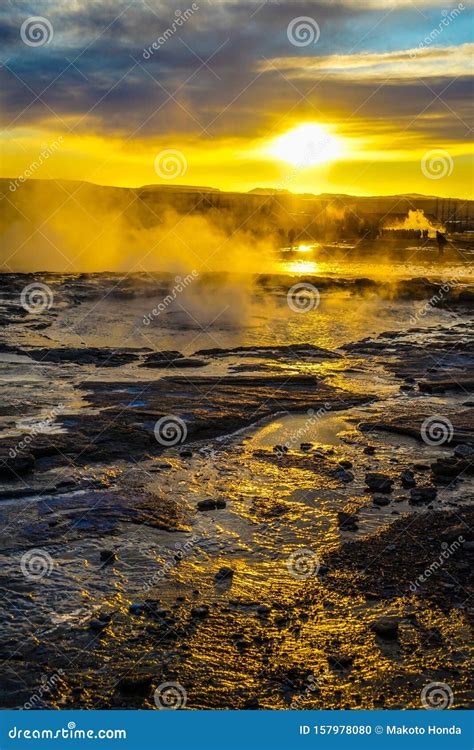 Geysir Geyser And Sunrise Iceland Stock Photo Image Of Northern