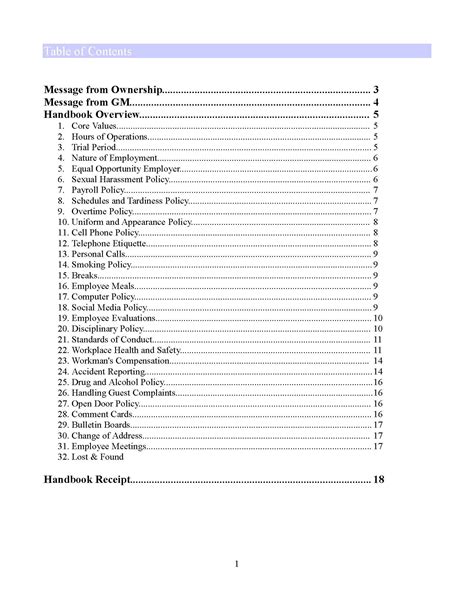 Restaurant Handbook Table Of Contents Restaurant Management