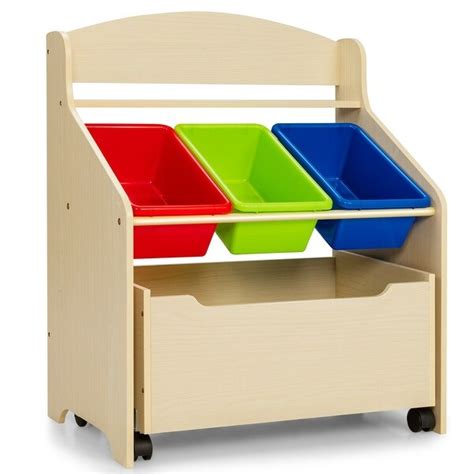 Kids Wooden Toy Storage Unit Organizer With Rolling Toy Box And Plastic