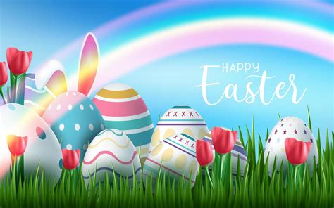 Happy Easter Greetings With Easter Eggs And Rainbow 1000653 Vector Art