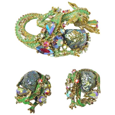 Har Vintage Dragon Brooch And Earrings Rhinestone Costume Jewelry