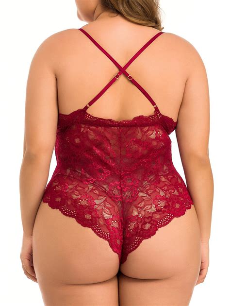 Off Plus Size See Through Lace Teddy In Red Dresslily
