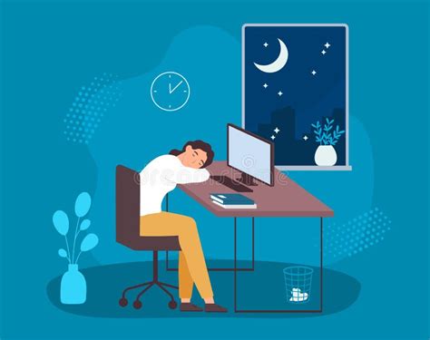 Man Work Late At Night Hard Working On Workplace Stock Illustration