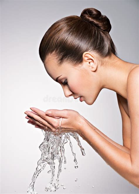 Caucasian Woman Washing Face With Water Stock Photo Image Of Drop
