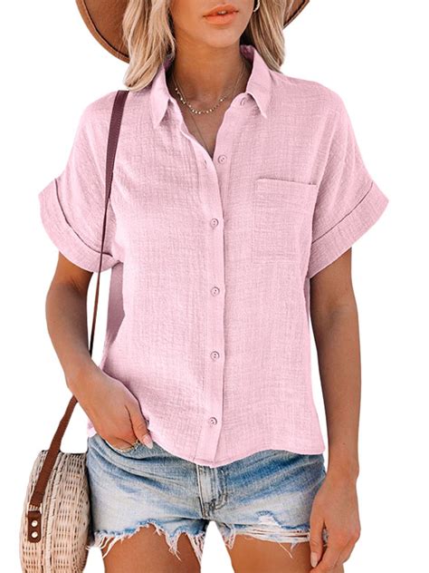 Women Short Sleeve Cotton And Linen Shirts V Neck Collared Button Down Tops With Pockets