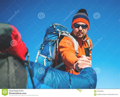 Two Climbers In The Mountains Stock Photo Image Of Help Move 106265802