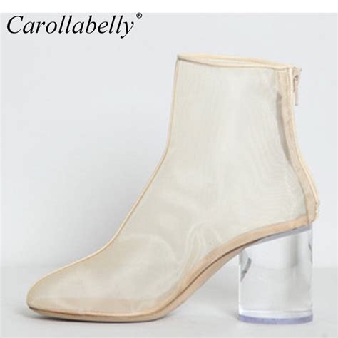 Autumn Summer Sexy Nude Clear Mesh Ankle Boots Perspex Transparent