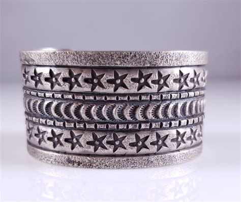 Navajo Sterling Silver Handmade Wide Tufa Cast Stars Cuff Bracelet By